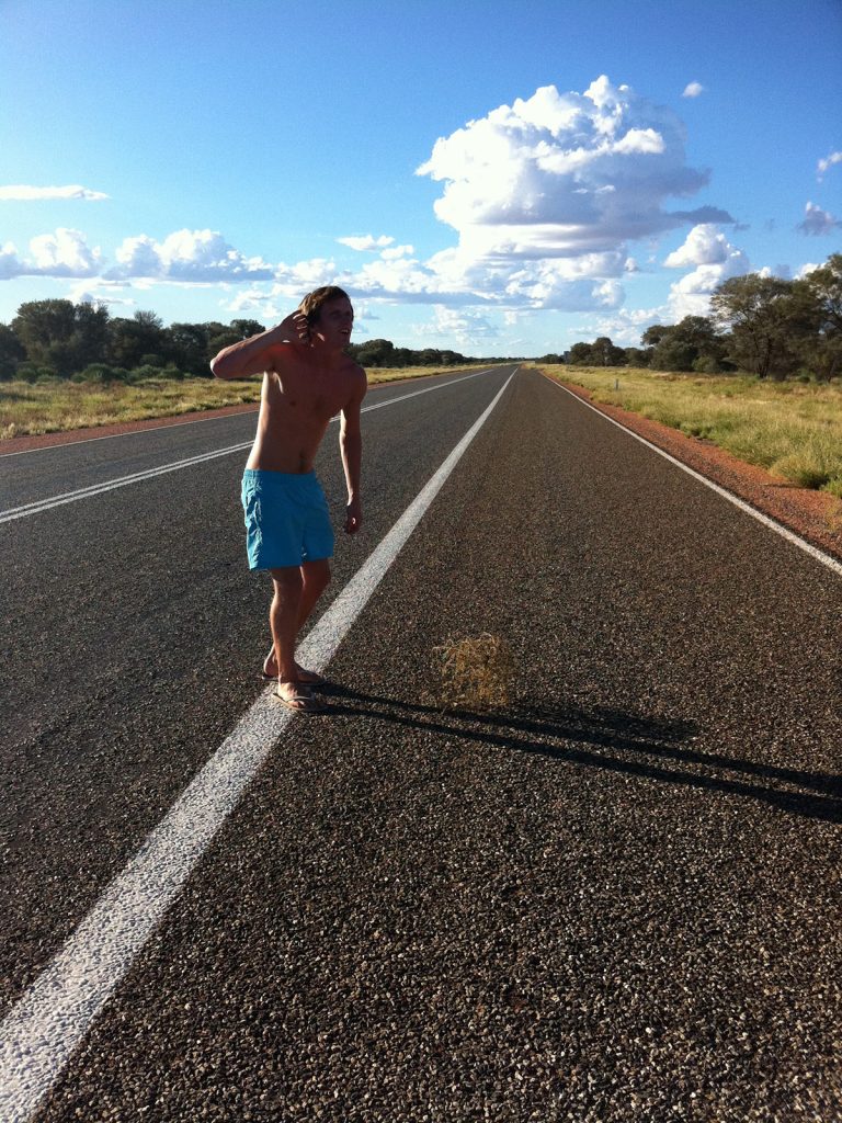 David Simpson during the road trip in the middle of the desert in Australia. Rescued in the middle of the desert