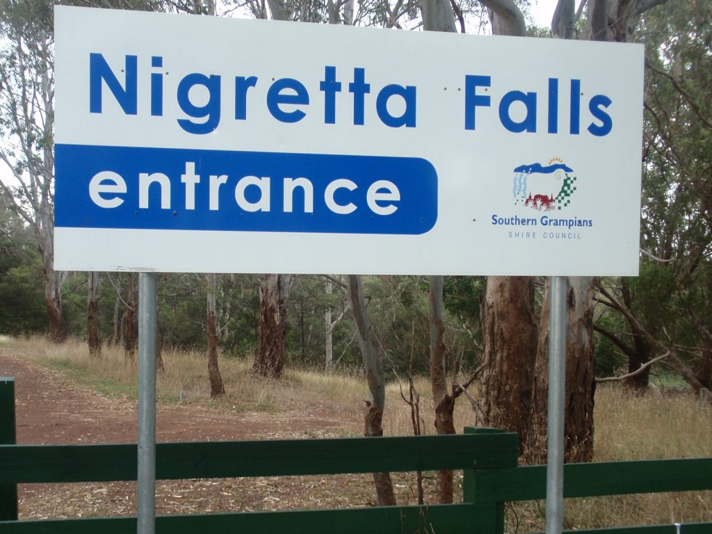 Nigretta Falls sign in Australia. Rescued in the middle of the desert