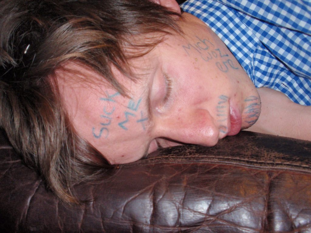 David Simpson sleeping with writing on his face at Cushion in Melbourne in Australia. Three months of the best in Melbourne