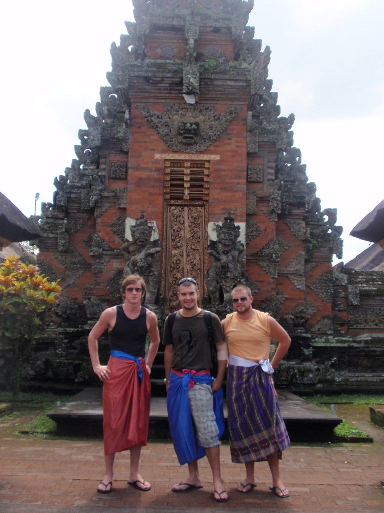 David Simpson with two guys checking out the temples in Bali. My first taste of Asia