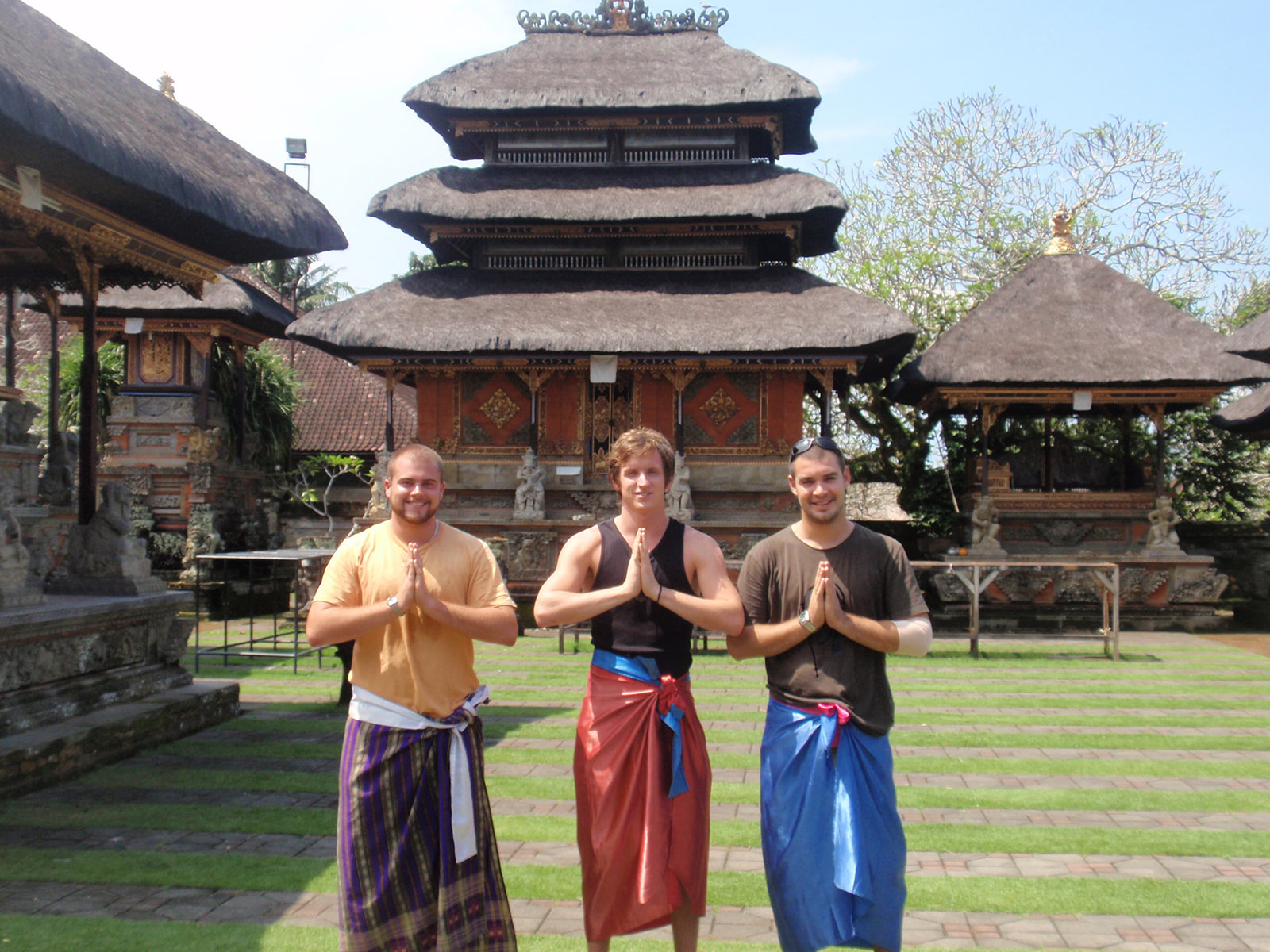 David Simpson with two guys at a temple in Bali. My first taste of Asia