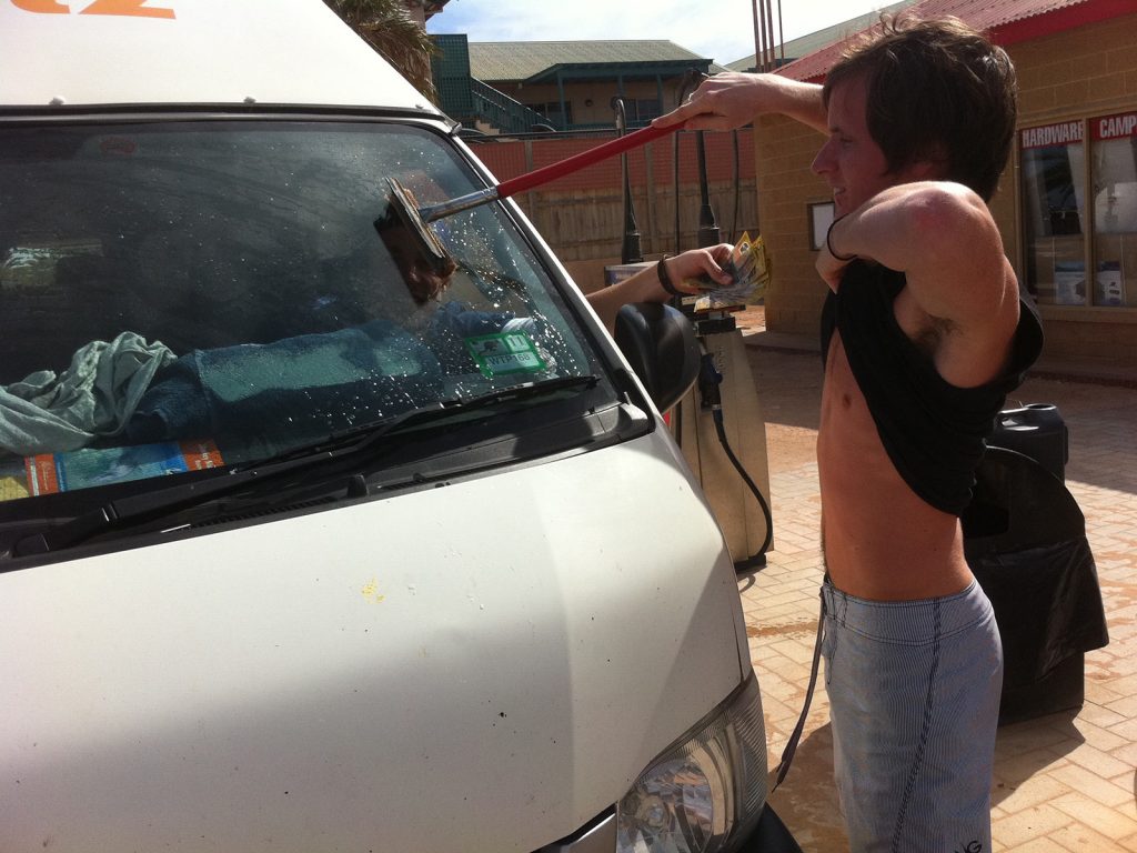 David Simpson showing chest to driver in West Coast, Australia. Hitting a cow on the west coast road trip