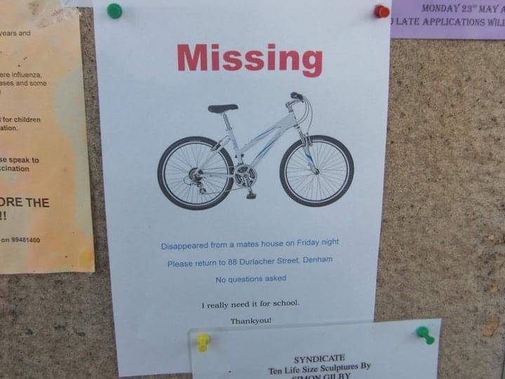Missing bicycle poster in West Coast, Australia. Hitting a cow on the west coast road trip