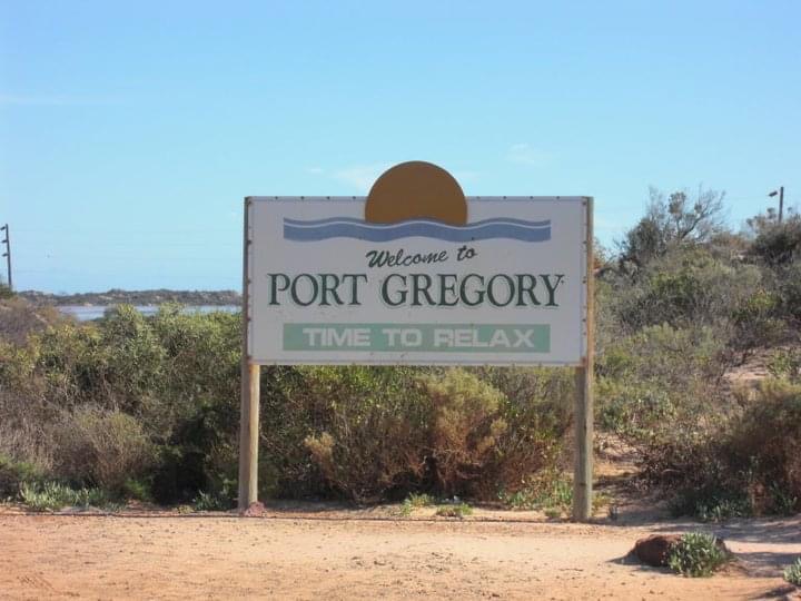 Port Gregory sign in West Coast, Australia. Hitting a cow on the west coast road trip