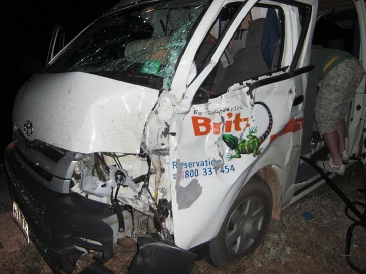 The camper van after the accident at the national park in West Coast, Australia. Hitting a cow on the west coast road trip