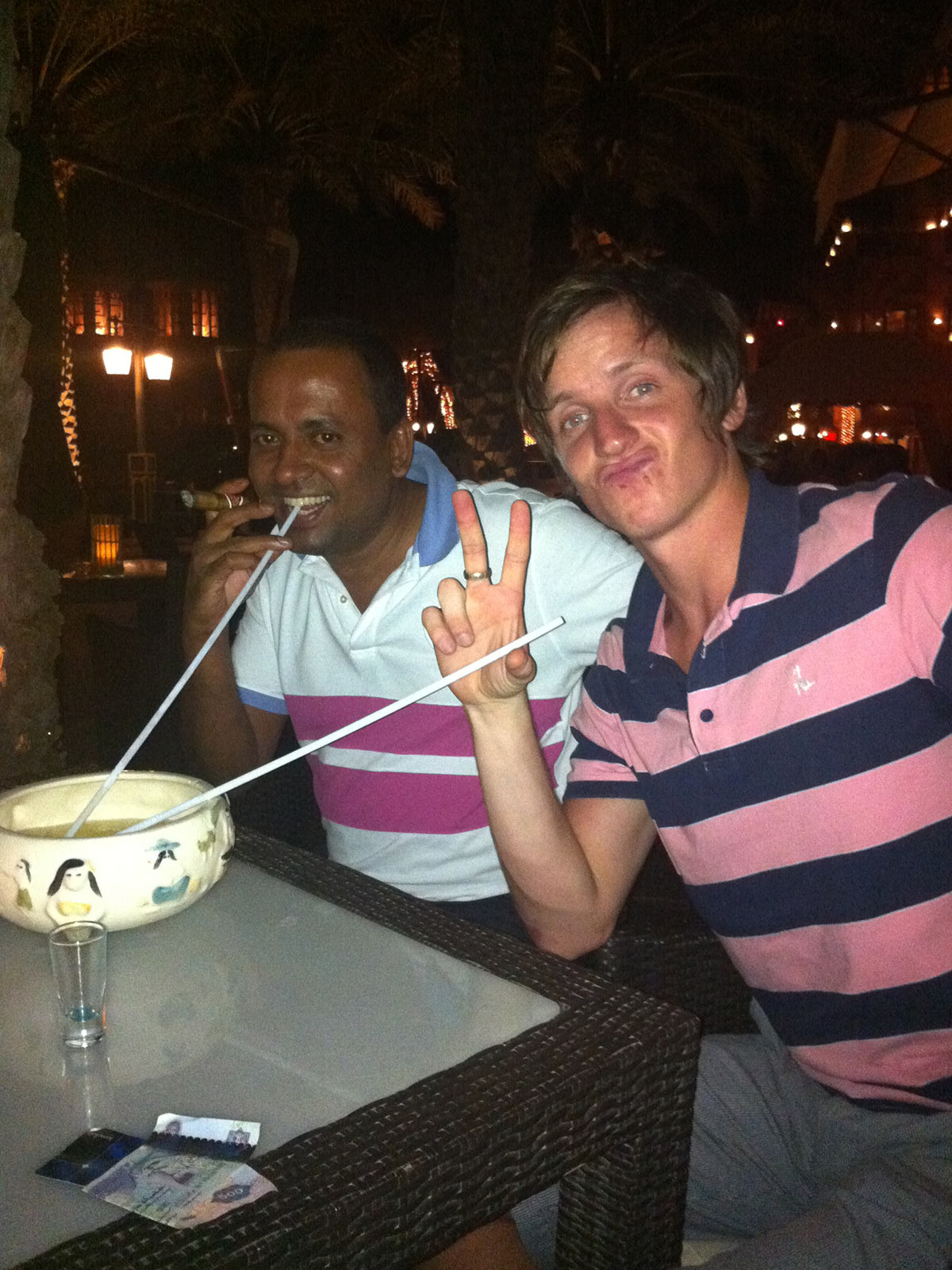 David Simpson with a guy in Dubai. Staying on the palm in Dubai