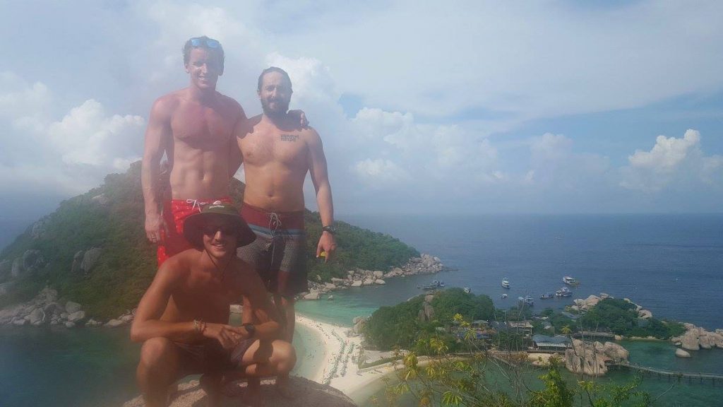 David Simpson with two guys at the top of Nangyuan Island in Koh Tao, Thailand. A GoPro to the face and Nangyuan Island, Koh Tao
