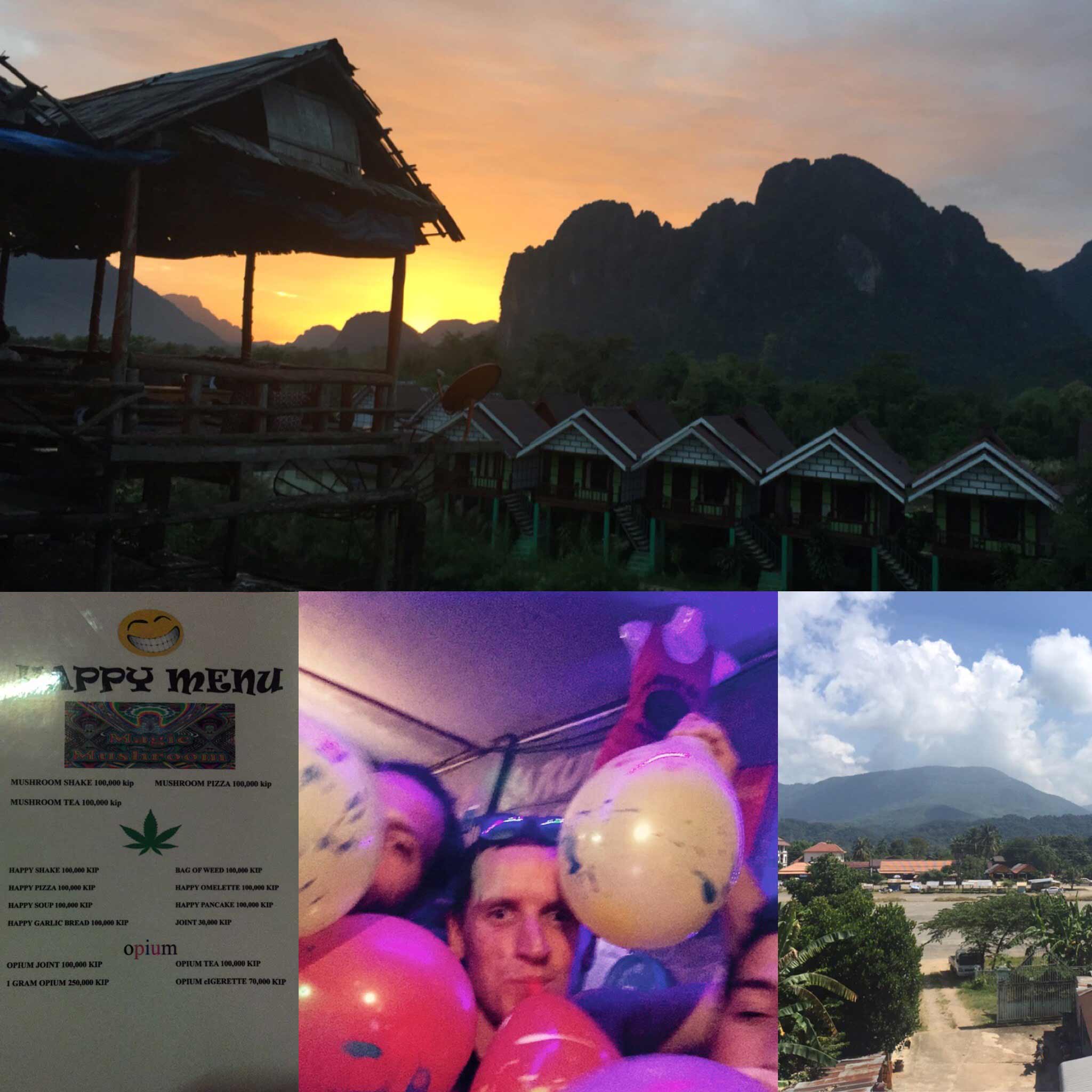 Vang Vieng sunsets and menus in Laos. The day after tubing in Vang Vieng