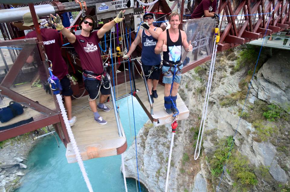 David Simpson with a nervous wave before jumping at Kawarau Bungee jump in New Zealand. My first and favourite bungee jump