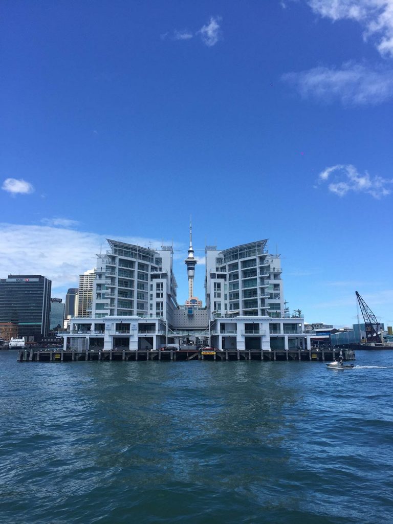 Buildings near the bay in Auckland, New Zealand. Drinking with a Tongan in Auckland