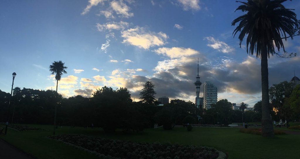 The park at sunset in Auckland, New Zealand. Drinking with a Tongan in Aukland