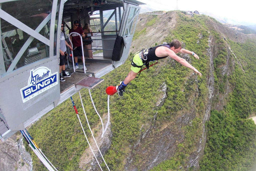 David Simpson jumping out of the Pod at Nevis Bungee jump in New Zealand. A Hangover & the 134M Nevis Bungee jump