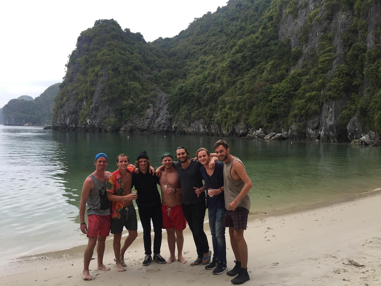David Simpson and friends on the beach in Ha Long Bay, Vietnam. The greatest party cruise in the world