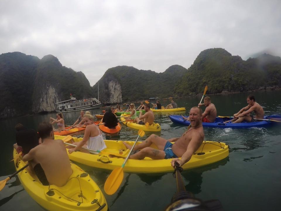 David Simpson and friends onboard kayaks in Ha Long Bay, Vietnam. The greatest party cruise in the world