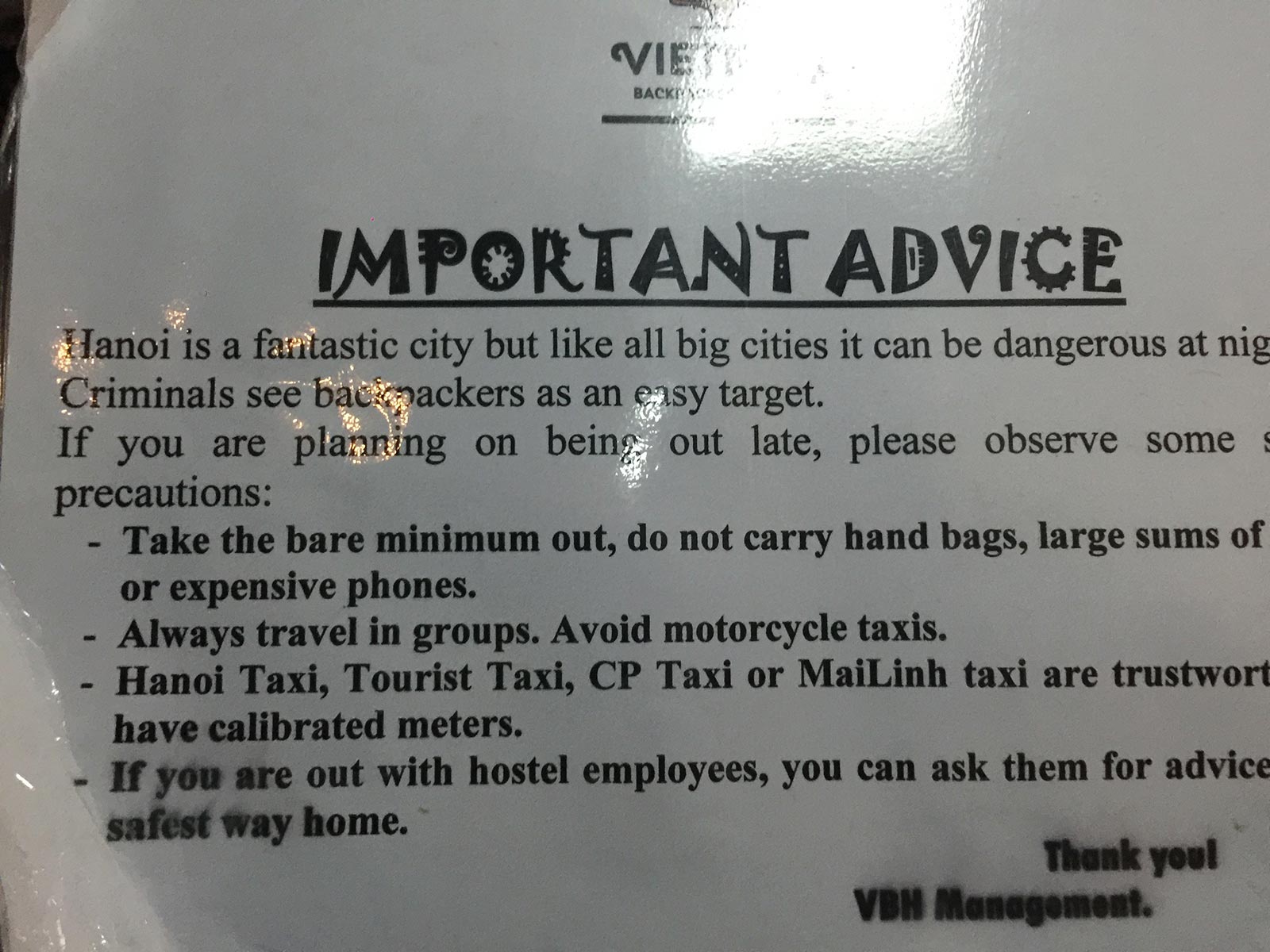 Warning sign in Hanoi, Vietnam. Everyone's worst travel nightmare happened today