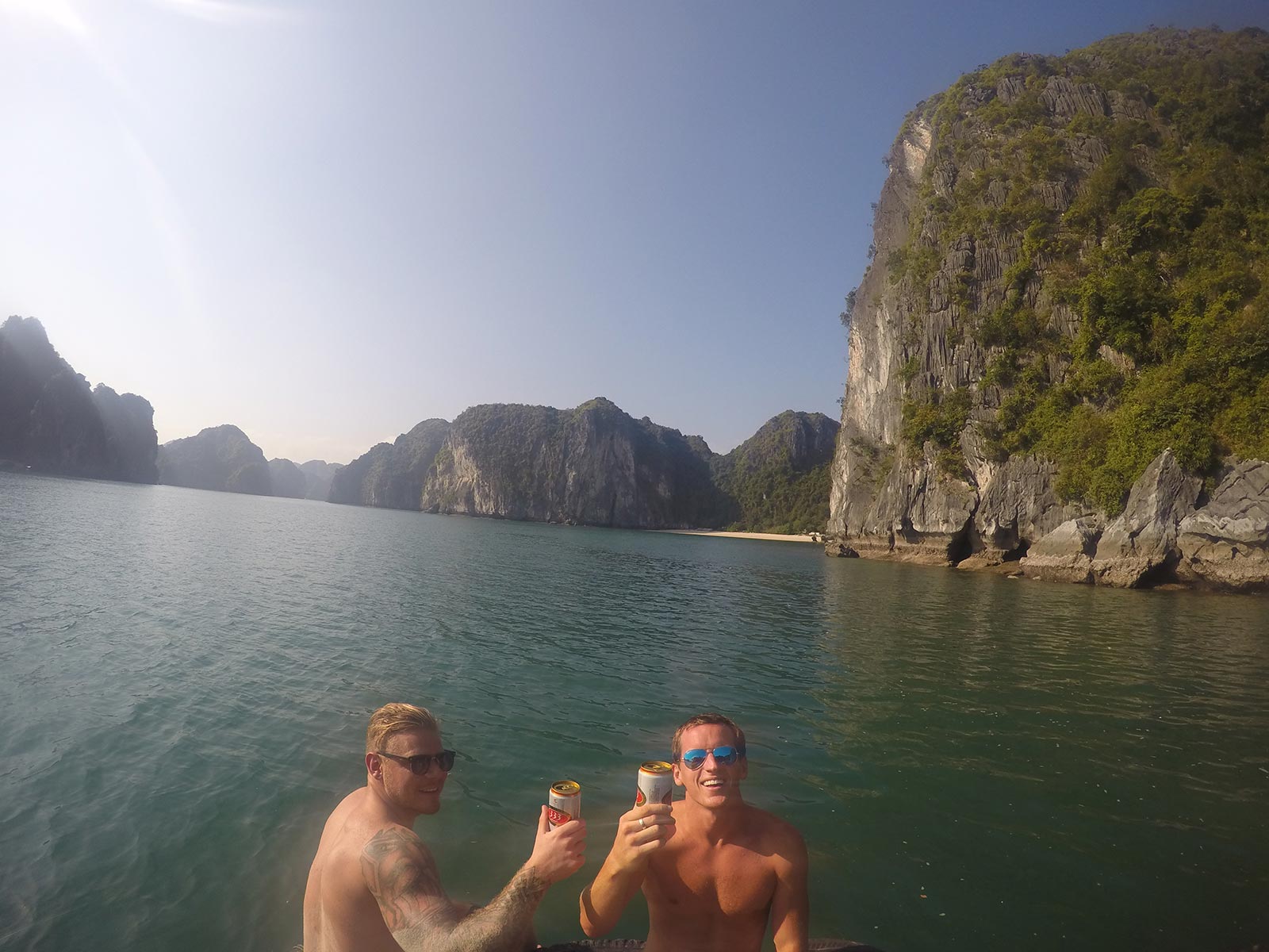 David Simpson and friend in Ha Long Bay, Vietnnam. Rock climbing in Ha Long Bay
