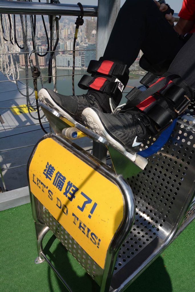David Simpson feet harnessed to jump the bungee in Macau. The world's highest bungee