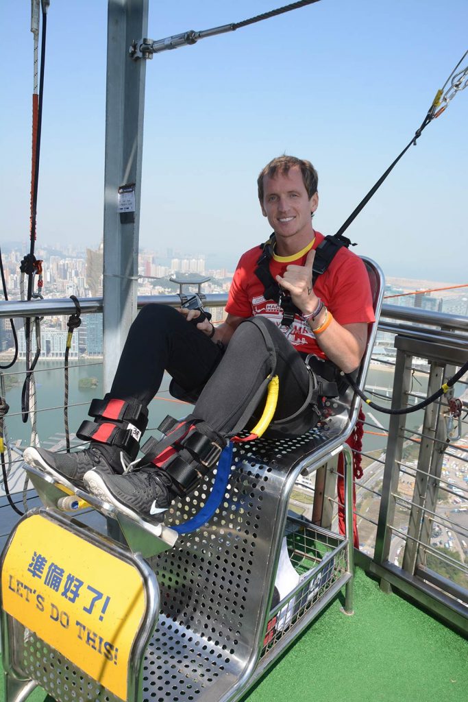David Simpson getting ready to jump the bungee in Macau. The world's highest bungee