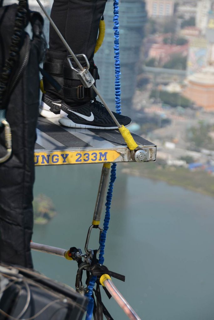 Bungee harnessed feet in Macau. The world's highest bungee