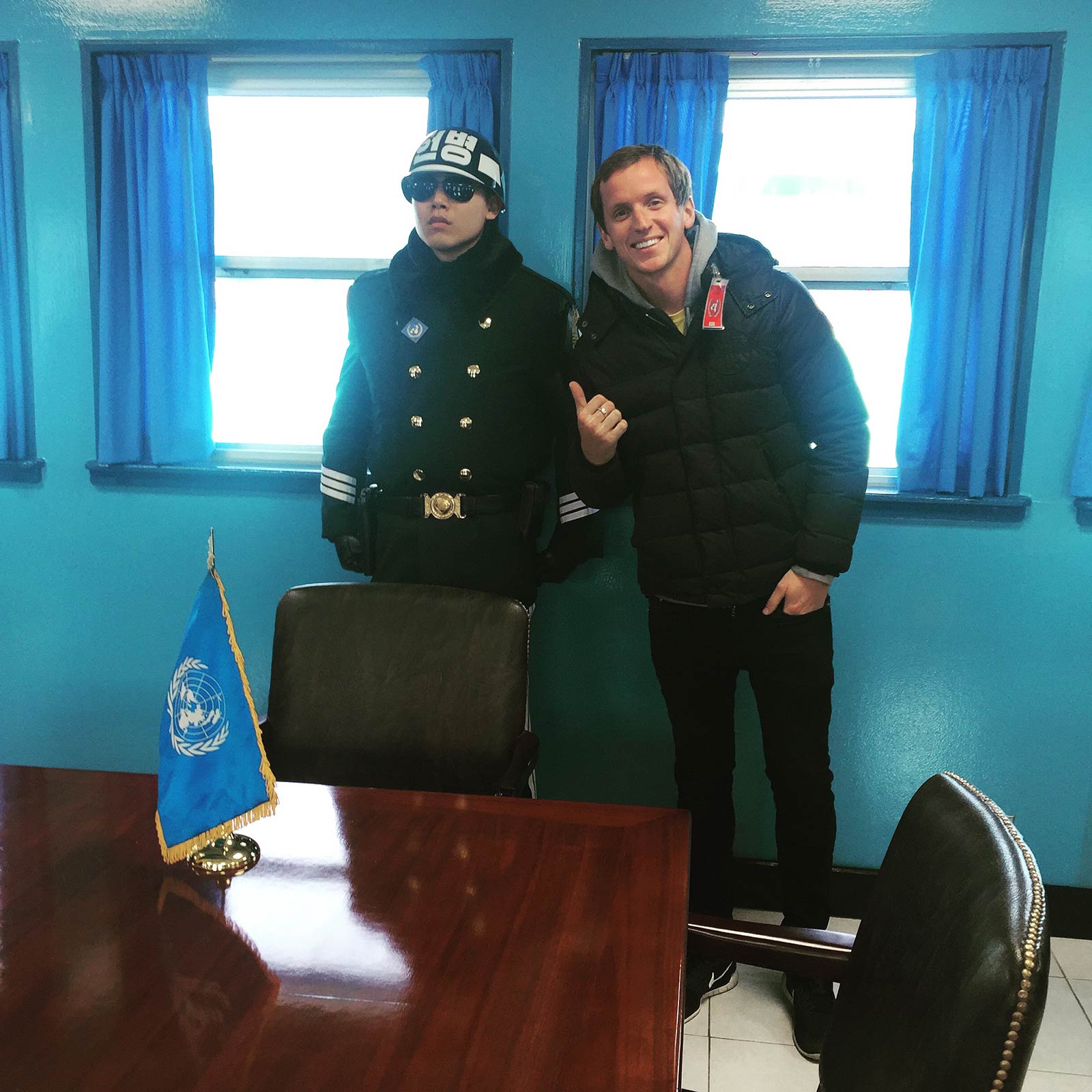 David Simpson with a guard inside the JSA in DMZ, South Korea. The DMZ