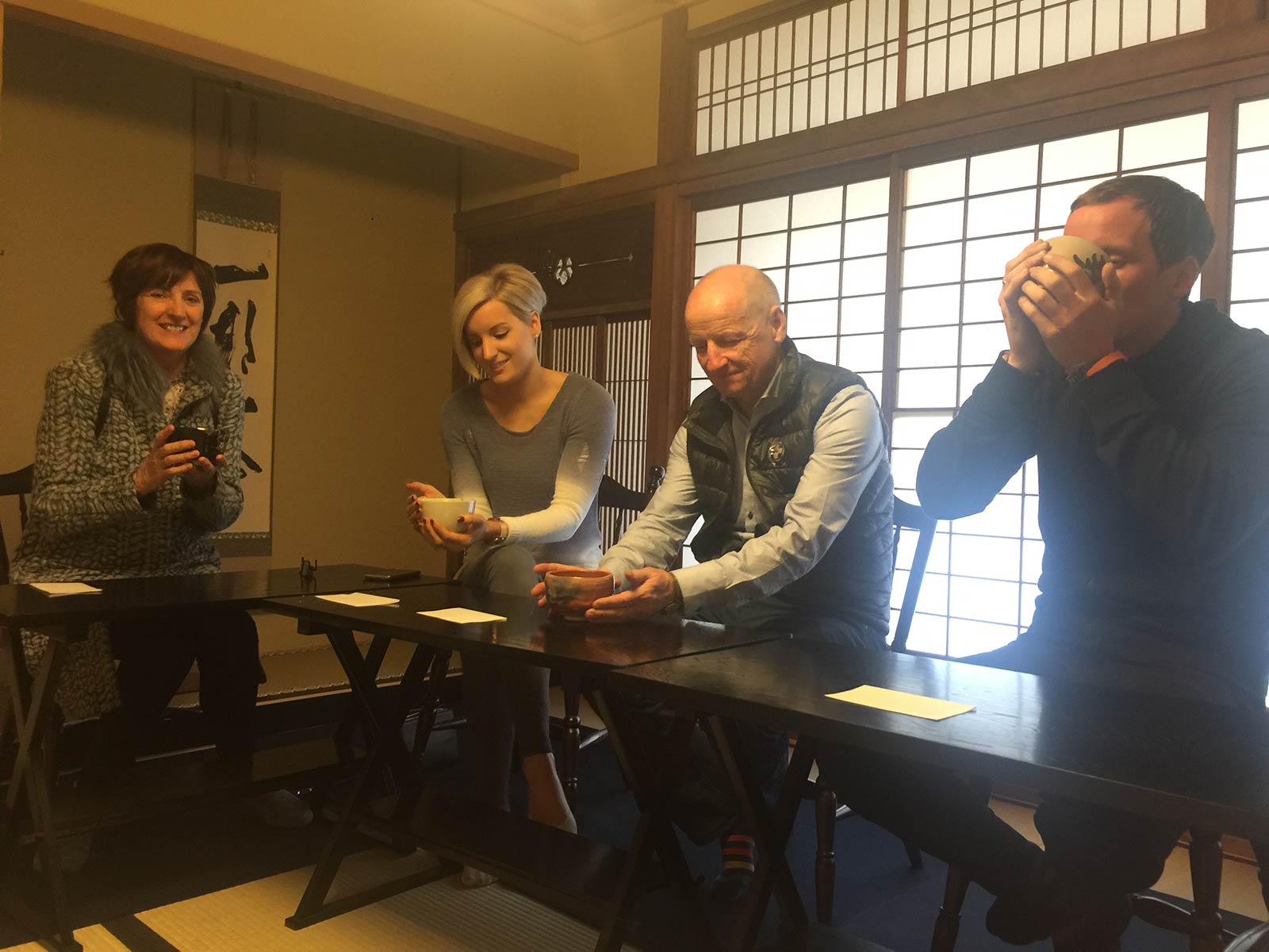 David Simpson and family drinking tea in Osaka, Japan. 3 Weeks in Japan