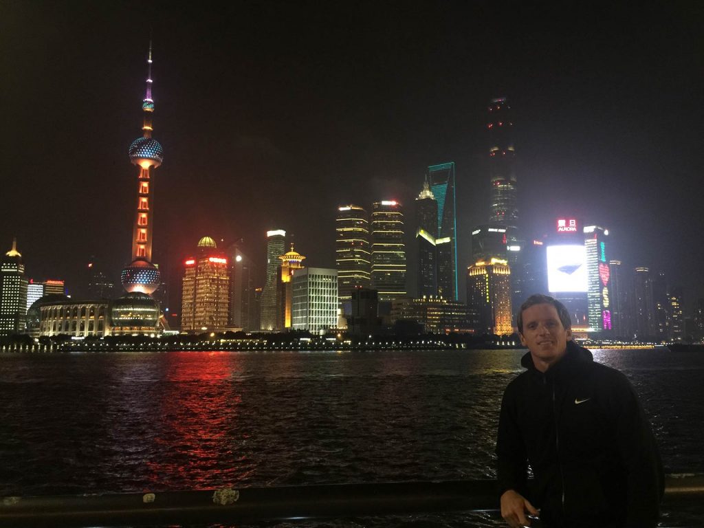 David Simpson at night in Shanghai, China. Hostel pals in Shanghai