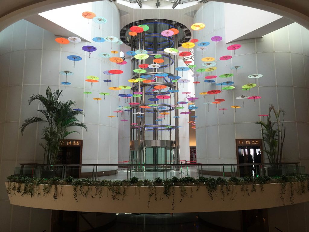 Decorative, colorful umbrellas in Shanghai, China. Hostel pals in Shanghai
