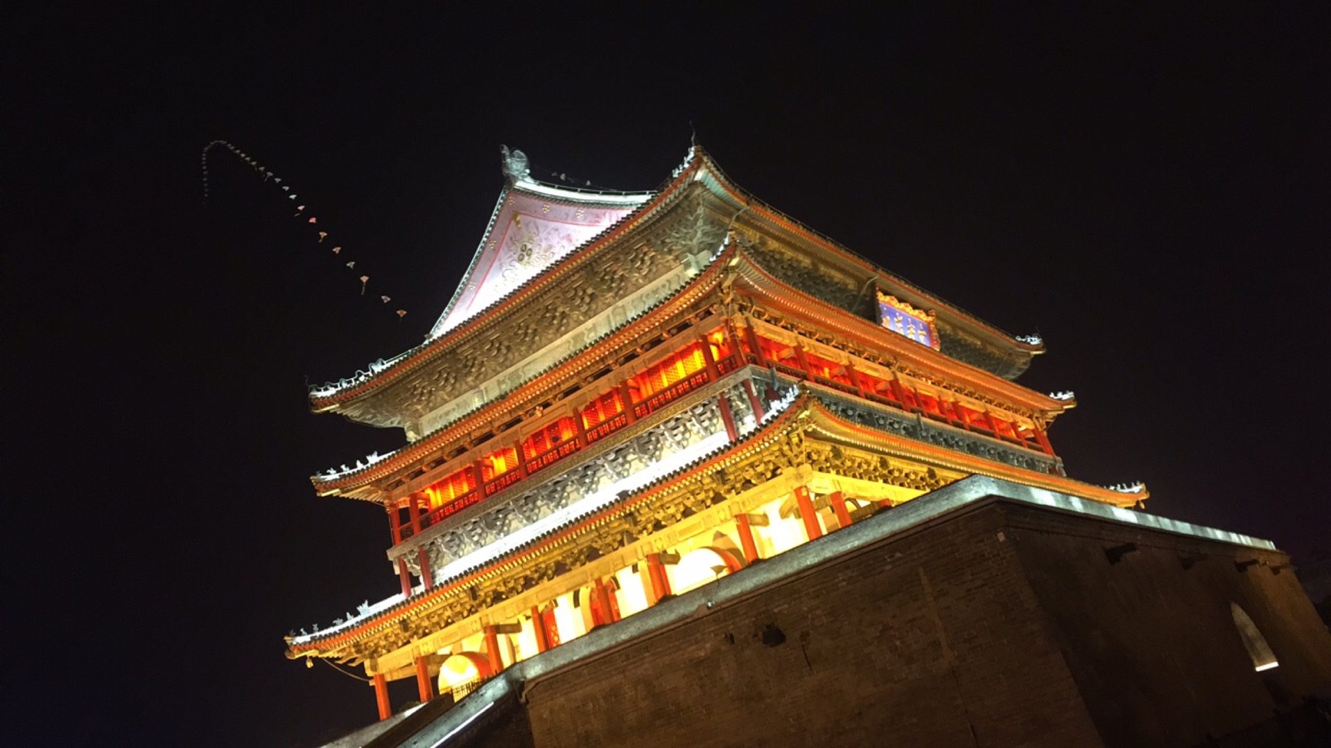 Lighted bell Tower at night in Xi'an, China. Getting lost in Xi'an