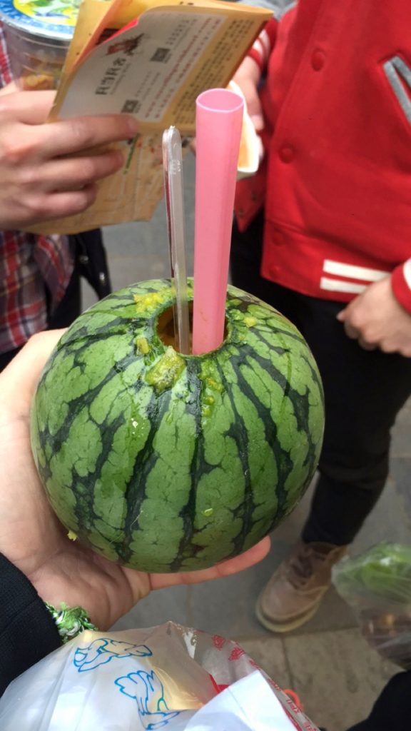 A watermelon drink with a straw in Xi'an, China. Checking out Xi'an