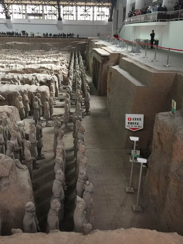 The pit where terracotta warriors stand guard with a hangar built around it in Xi'an, China. The terracotta warriors