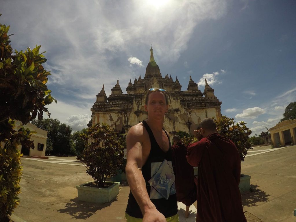 David Simpson among the monks at a temple in Bagan, Myanmar. Trains, temples & Bagan, The highlights of Myanmar