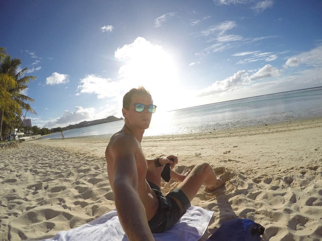David Simpson on the beach in Guam, USA. Enjoying the beaches of Guam