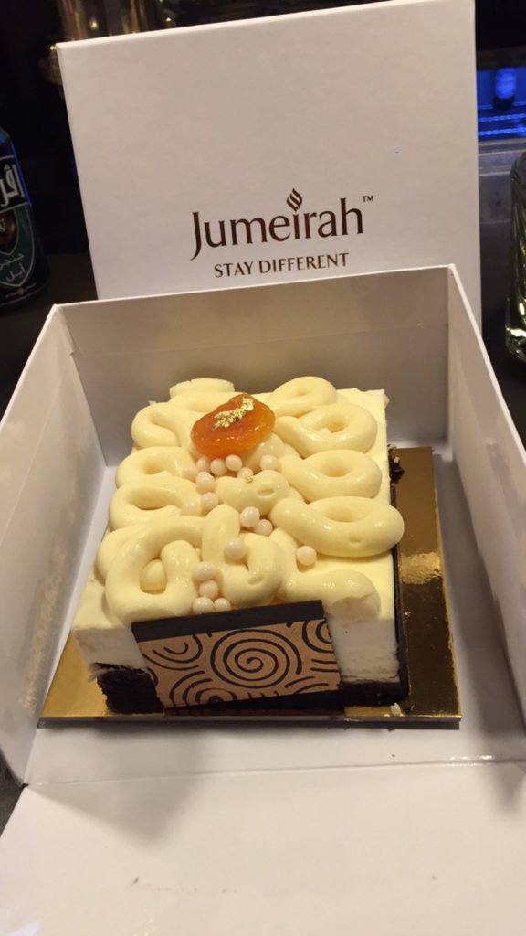 Cake from Jumeirah in Dubai, UAE. Safaris in Dubai & waffles in Brussels