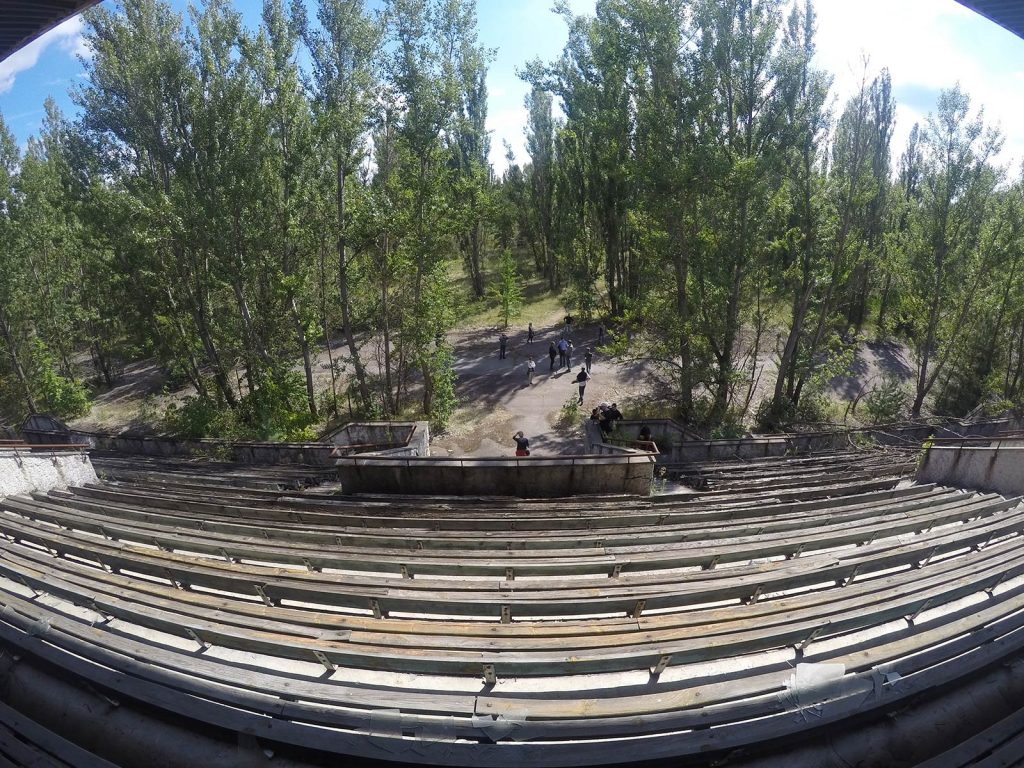 Stadium with trees at Pripyat in Chernobyl, Ukraine. The most dangerous attraction on earth