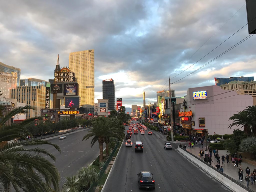Las Vegas Boulevard at sunset in Las Vegas, USA. Losing my photos and 3 Cirque Du Soleils in Vegas