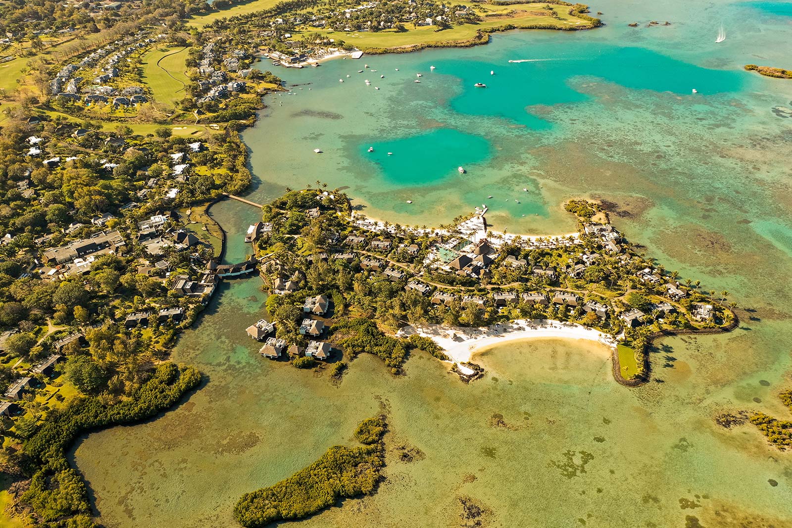 Aerial view of a resort in Mauritius, Africa. Where to stay in Mauritius, the best resort in Mauritius