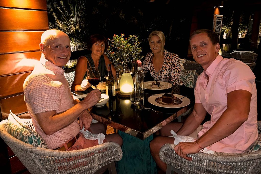 David Simpson, and family dining in a resort in Mauritius. Where to stay in Mauritius, the best resort in Mauritius