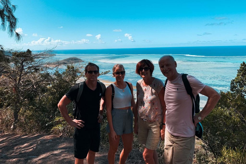 David Simpson and family hiking in Mauritius, Africa. The best view of Mauritius
