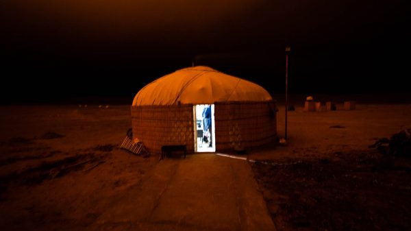 Tepee at night in Darvaza, Turkmenistan. -10 & breaking down in the middle of the desert