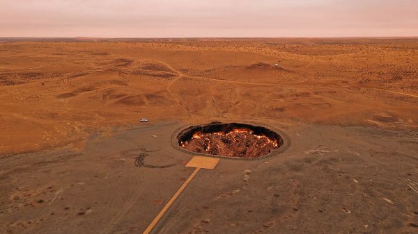 Birds eye view of the Gates to Hell in Darvaza, Turkmenistan. Gates to hell, visa disappointment & the worst steak in the world