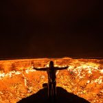 David Simpson and the gas crater in Darvaza, Turkmenistan. The gates of hell