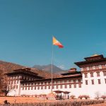 Tashichho Dzong Fortress in Bhutan. Wild dogs in Bhutan