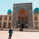 David Simpson and Mir-i-Arab Madrasa in Bukhara, Uzbekistan. A day in Bukhara, the highlight of Uzbekistan