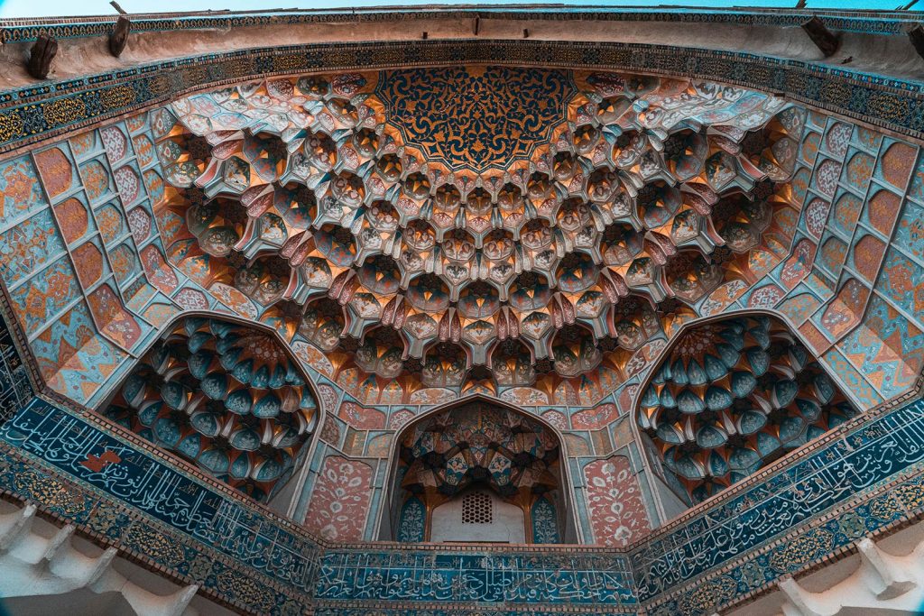 Ceiling of Abdulaziz-Khan Madrasah in Bukhara, Uzbekistan. A day in Bukhara, the highlight of Uzbekistan
