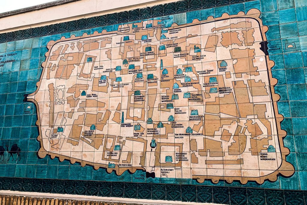 Map of the city in Khiva, Uzbekistan. Crossing in Uzbekistan and the train to Bukhara