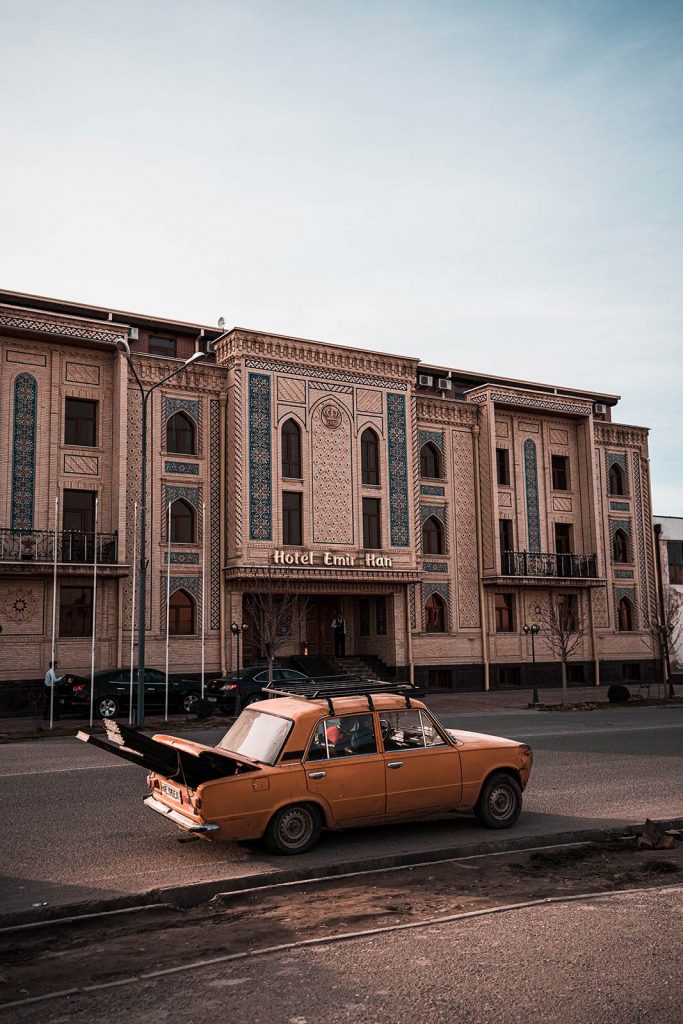 Taxi in front of a hotel in Samarkand, Uzbekistan. A day in stunning Samarkand