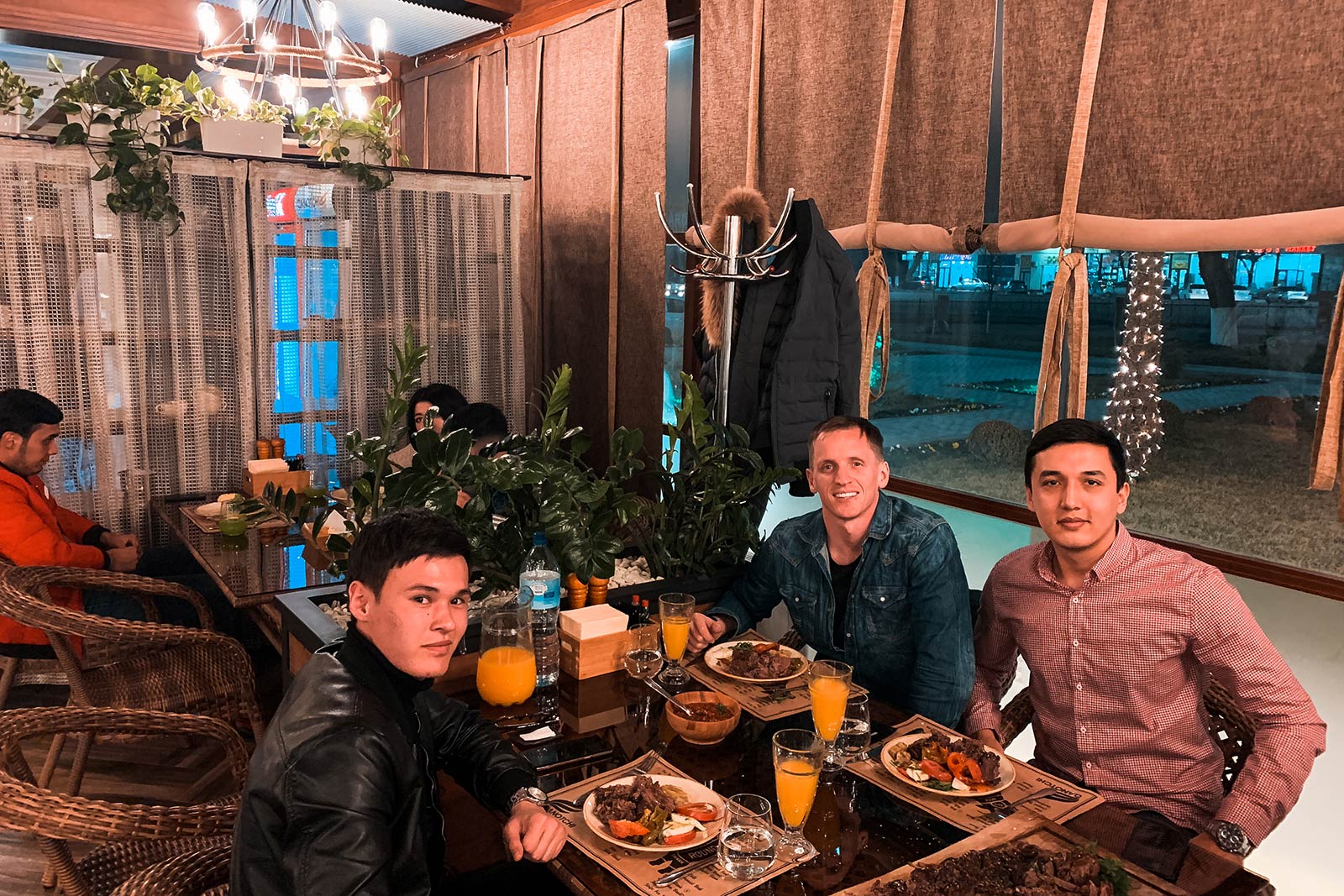 David Simpson and local friends at Qanotchi in Tashkent, Uzbekistan. Meat sweats in Tashkent