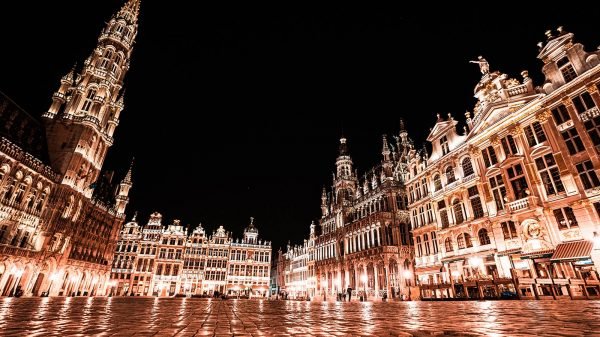 Central Square at night in Brussels, Belgium. Visas, mussles & pis in Brussels