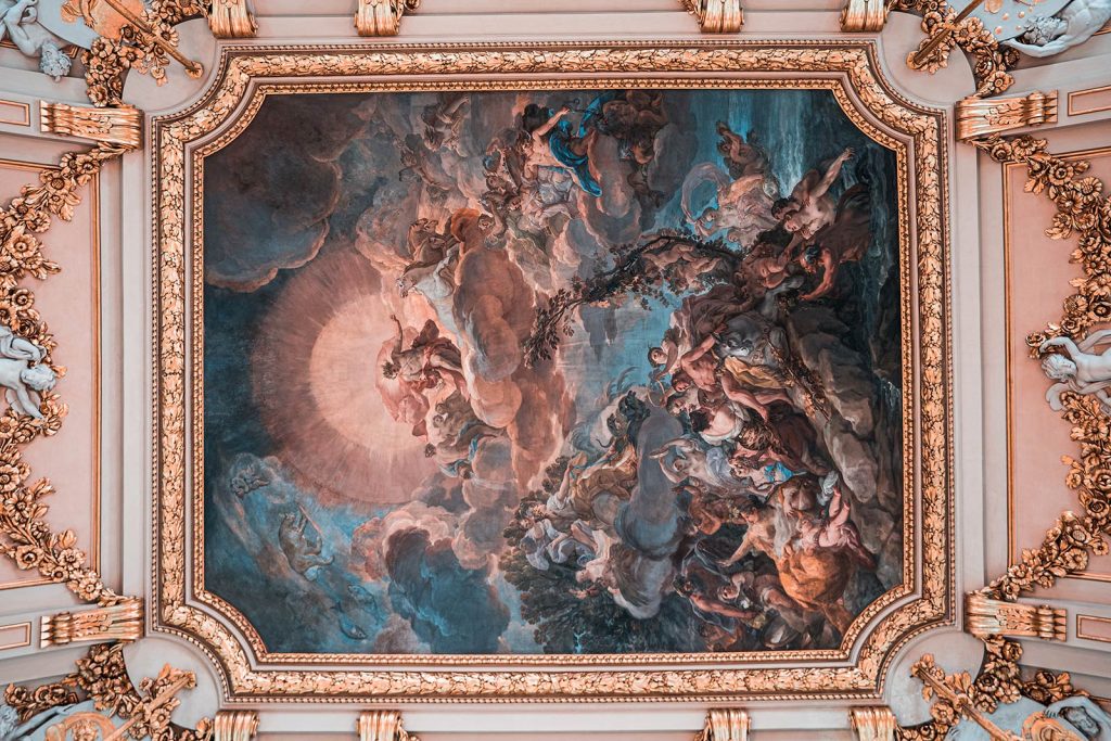 Ceiling at Palace in Madrid, Spain. Chasing a tour bus around Madrid