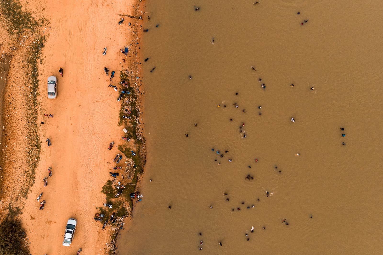 Birds eye view of river bathing at Niger River in Niger. Flying a drone in Niger